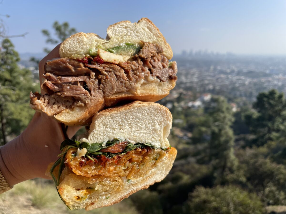 Angry Egret Dinette sandwiches, the vegetarian Saguaro held up better than the juicy, beefy Whittier during a hike