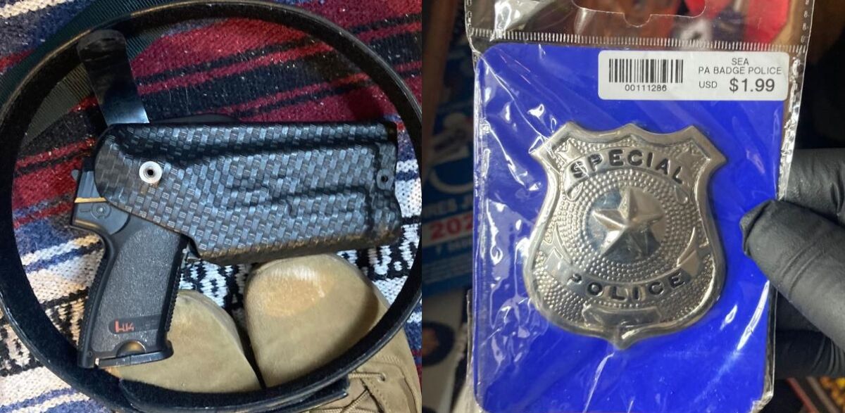 Sheriff's officials found this "replica" firearm and fake badge while searching Michael Carmichael's Oceanside home.