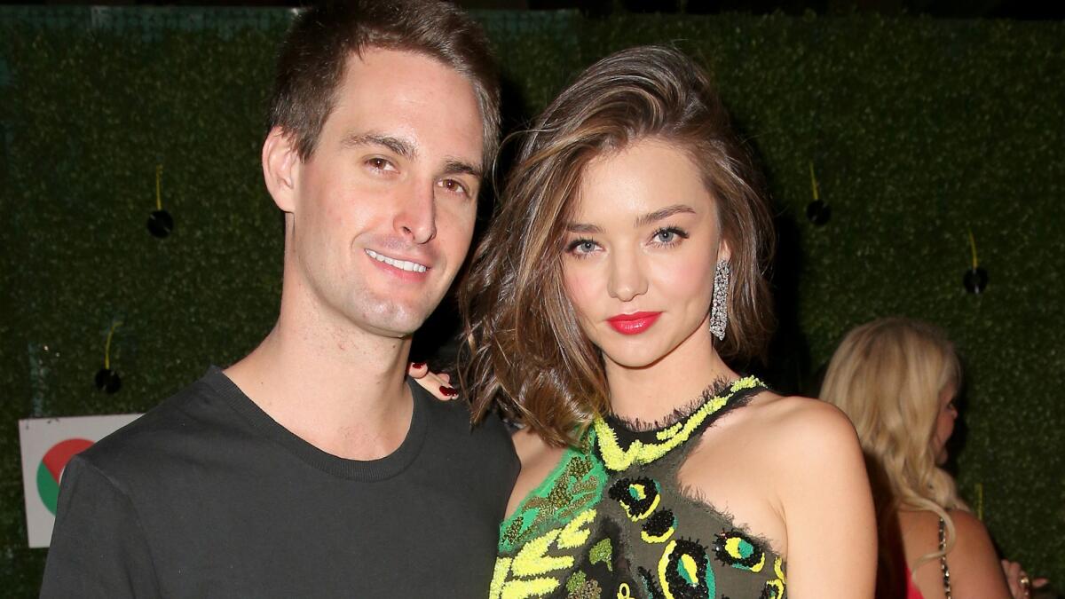 Snapchat's Evan Spiegel and model Miranda Kerr at a Grammys pre-party in February 2016.