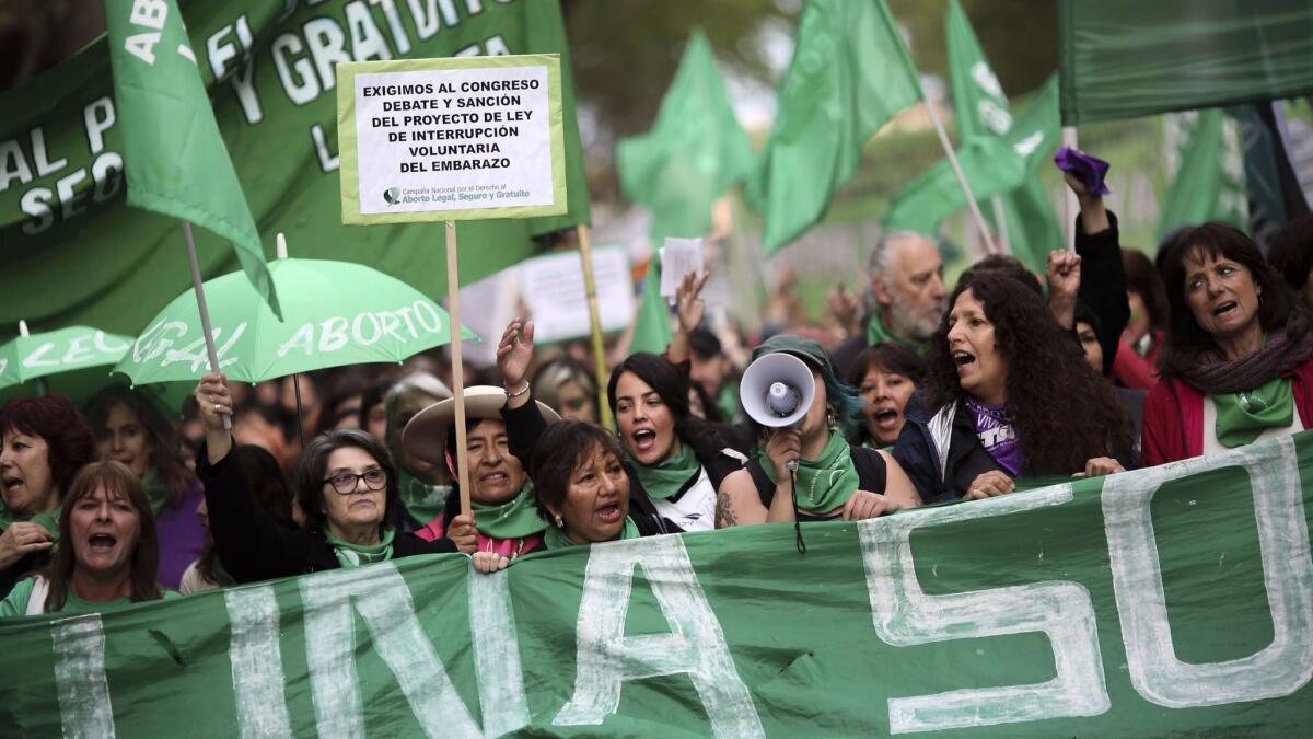 Protestors demonstrate in favor of legalizing abortion in Buenos Aires, Argentina, on Sept. 29.