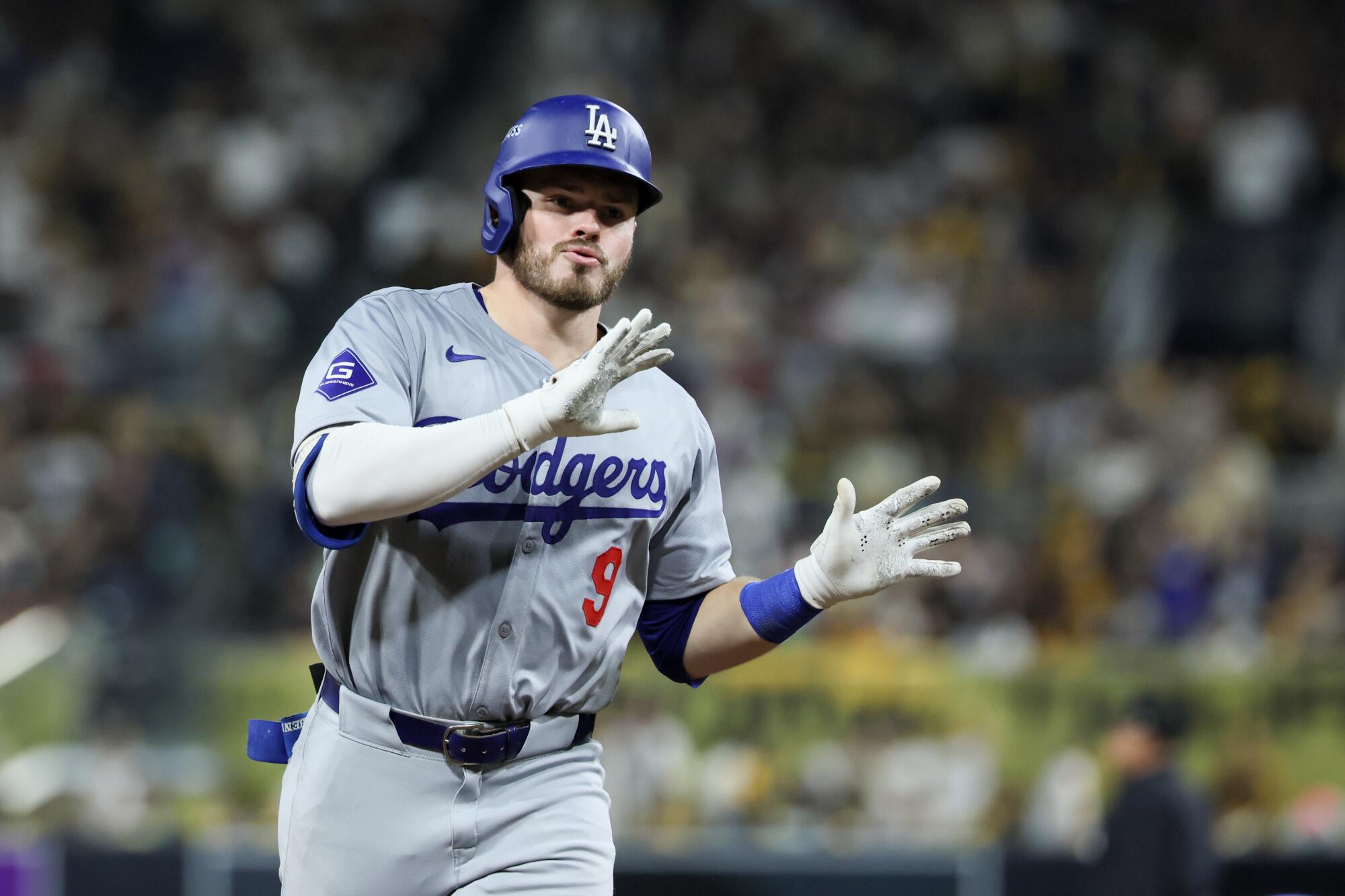 Plaschke: Dodger up! Determined Dodgers dump Padres and return to Dodger Stadium for Recreation 5 3 Dodger Gavin Lux celebrates after hitting a two-run home run during the seventh inning of Game 4 of the NLDS