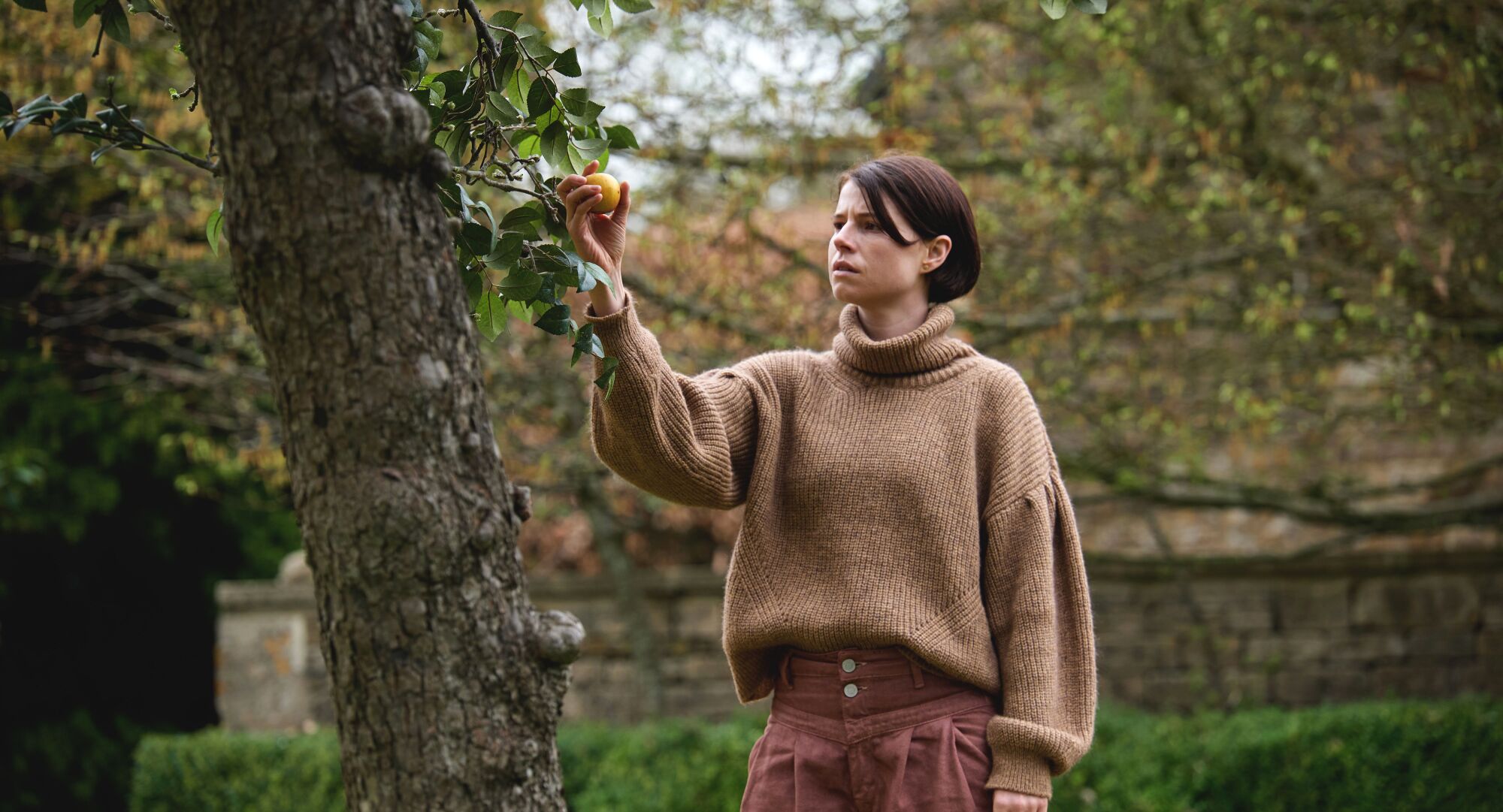 A woman reaches toward a fruit on a tree.