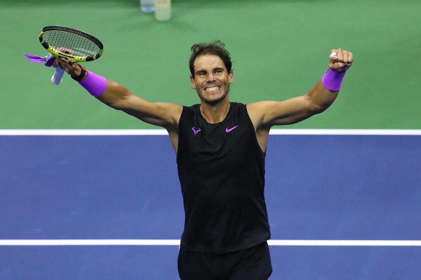 Rafael Nadal celebrates after winning his Men's Singles semifinal match against Matteo Berrettini inside the Billie Jean King National Tennis Center on Sept. 6, 2019, in Queens.