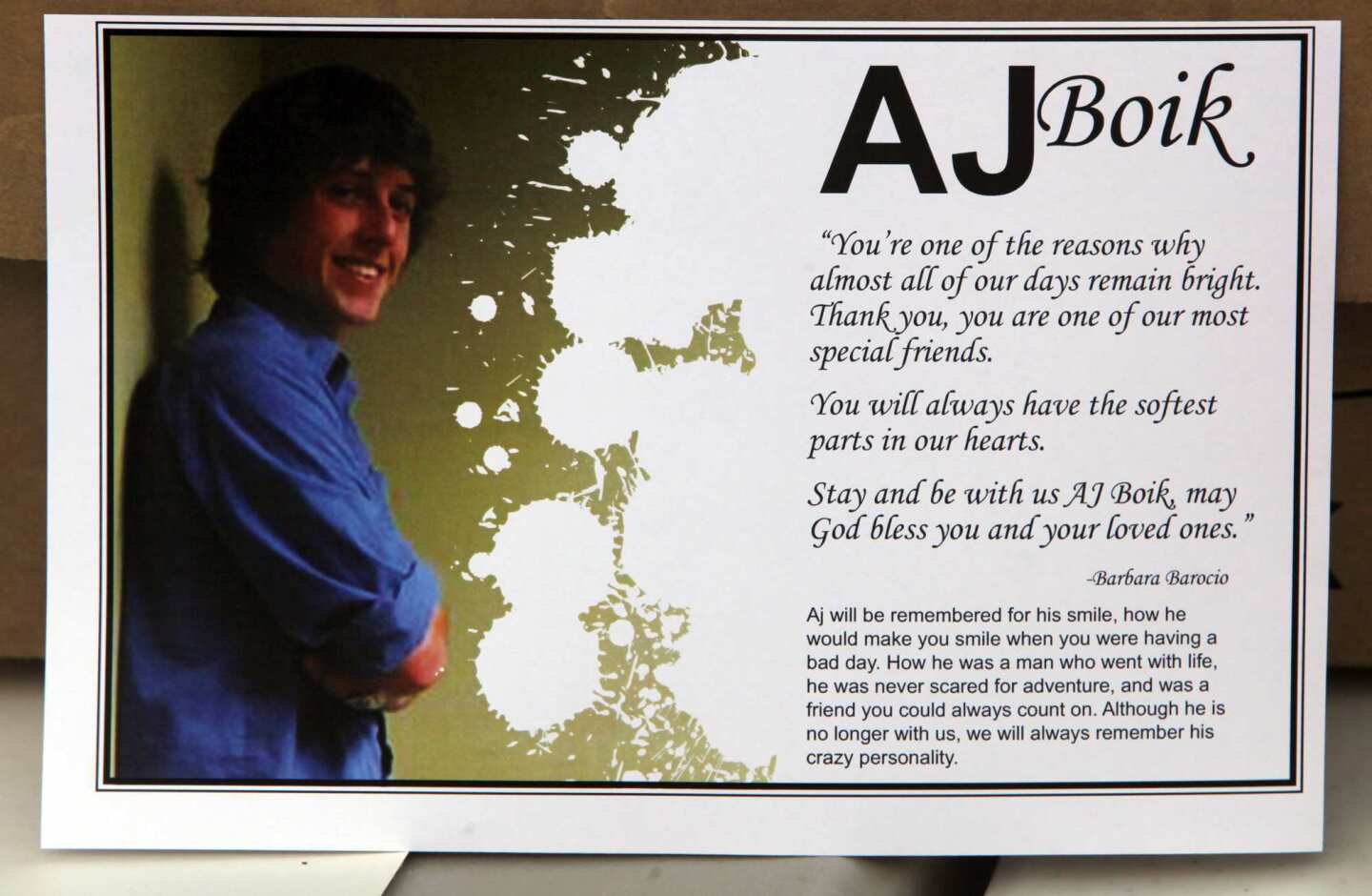 Postcard for victim AJ Boik