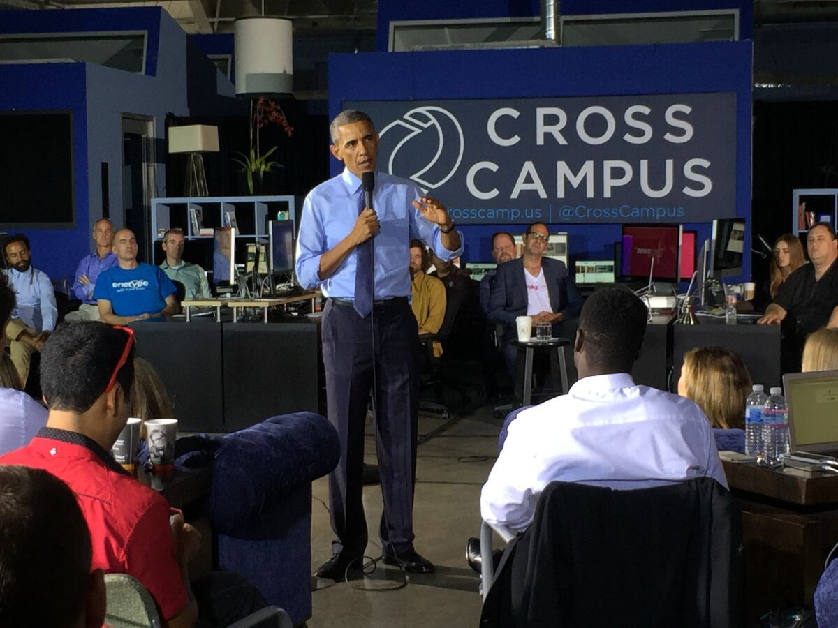 President Obama addresses a crowd of local tech entrepreneurs at an event Thursday at co-working space Cross Campus in Santa Monica.