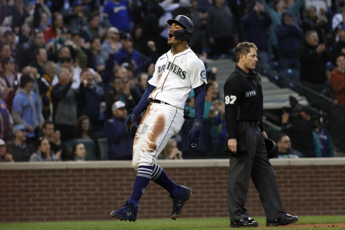Seattle Mariners' Julio Rodriguez waits for a pitch during an at