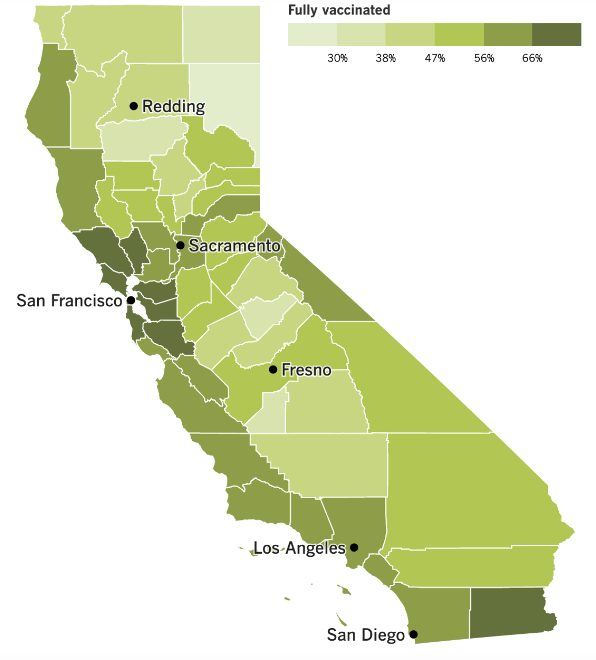 A map showing California's vaccination progress by county.