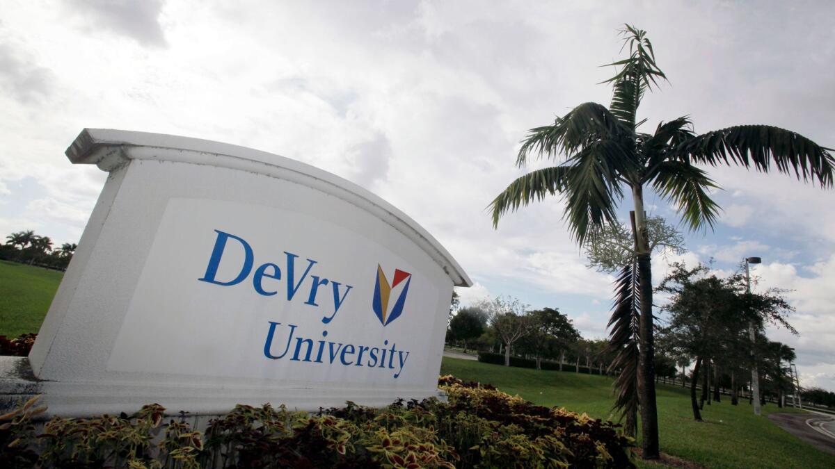 The entrance to the DeVry University in Miramar, Fla.