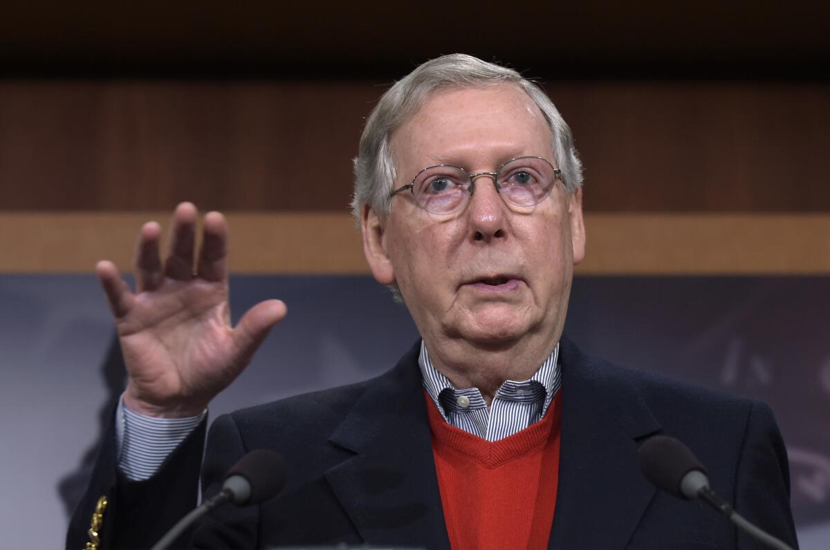 Senate Majority Leader Mitch McConnell of Kentucky speaks on Capitol Hil