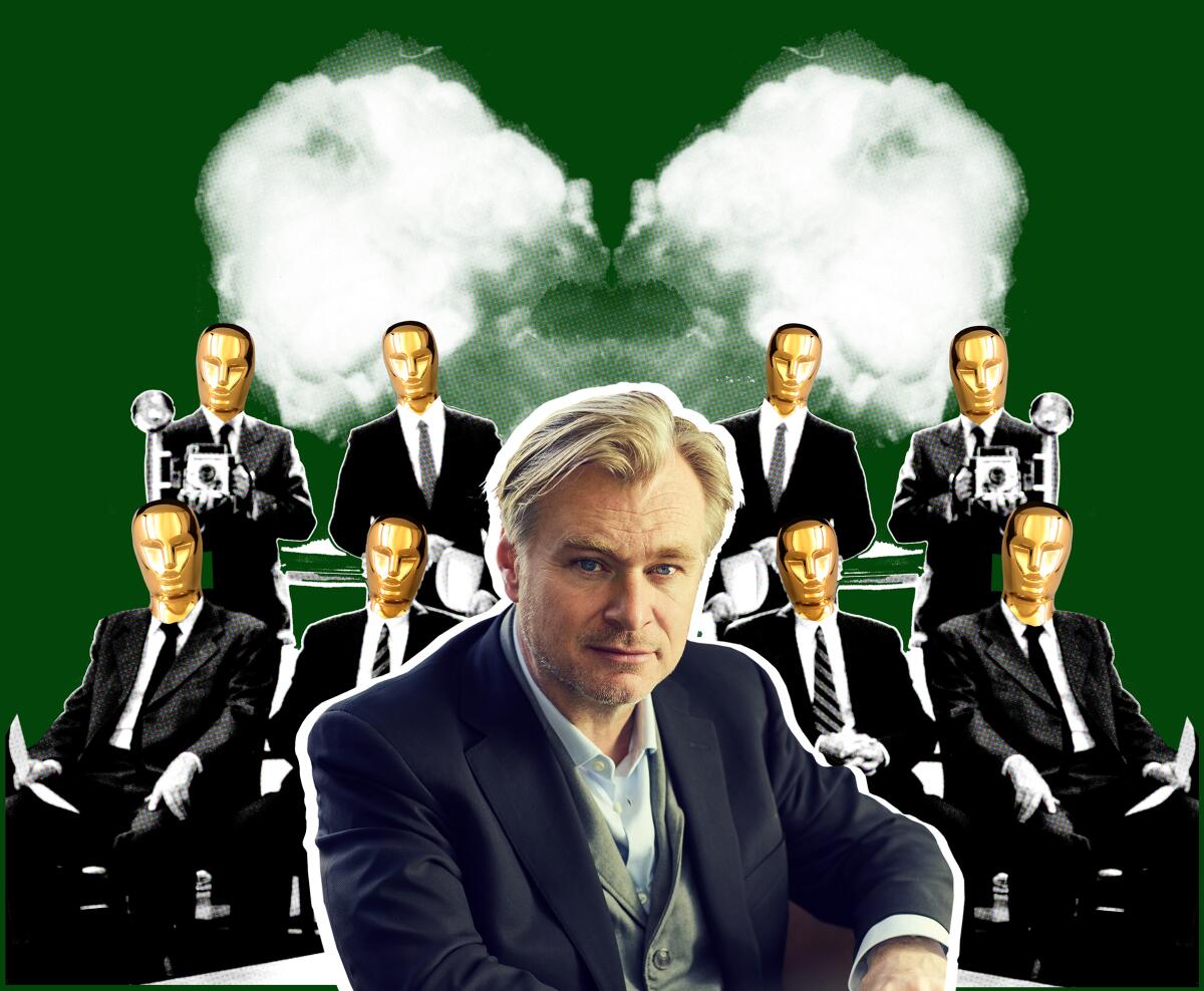 A photo illustration showing Christopher Nolan in front of many human-sized, suited Oscars