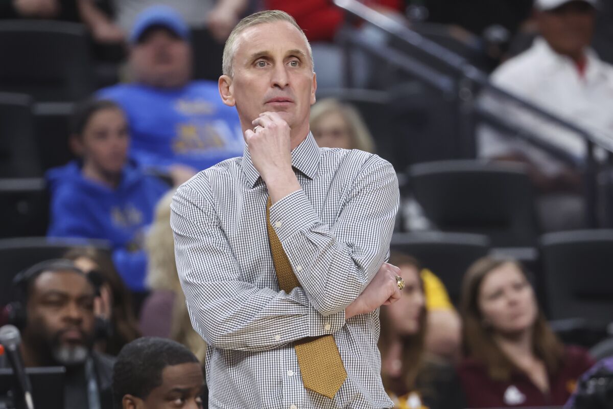 Arizona State head coach Bobby Hurley looks on during the first half of an NCAA college basketball game against Arizona in the semifinals of the Pac-12 Tournament, Friday, March 10, 2023, in Las Vegas. (AP Photo/Chase Stevens)