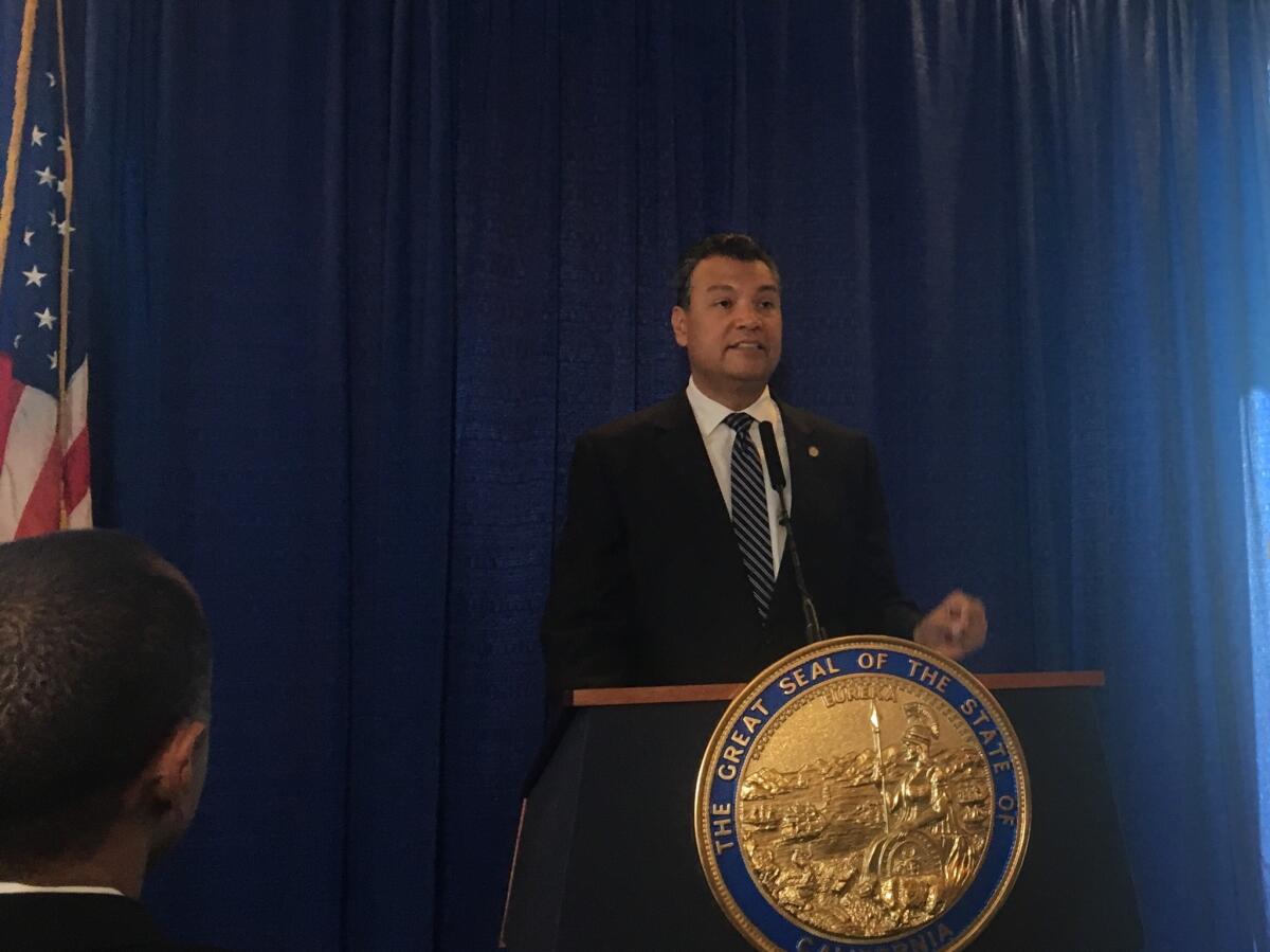 California Secretary of State Alex Padilla speaks about election integrity.