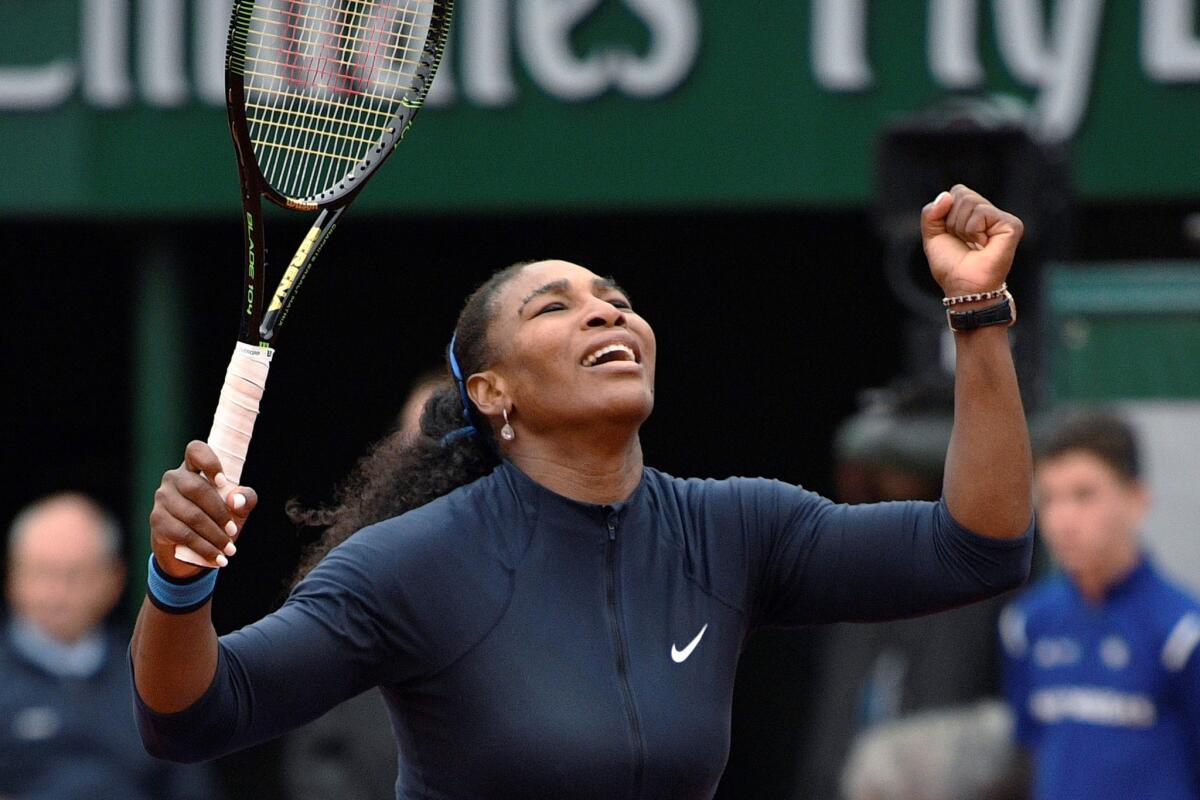 Serena Williams reacts during her quarterfinal match against Yulia Putintseva at the French Open on June 2.