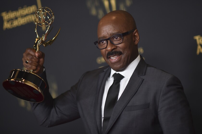 Courtney B. Vance poses with the award for outstanding guest actor in a drama series for "Lovecraft Country" on night two of the Creative Arts Emmy Awards on Sunday, Sept. 12, 2021, in Los Angeles. (Photo by Richard Shotwell/Invision/AP)