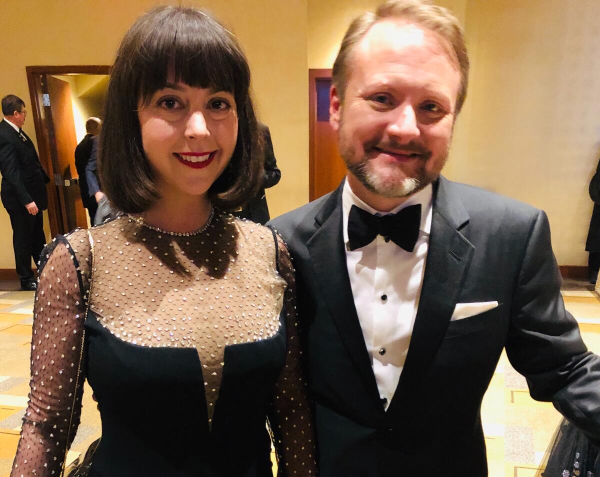 Karina Longworth and "Knives Out" director Rian Johnson at the 92nd Academy Awards.