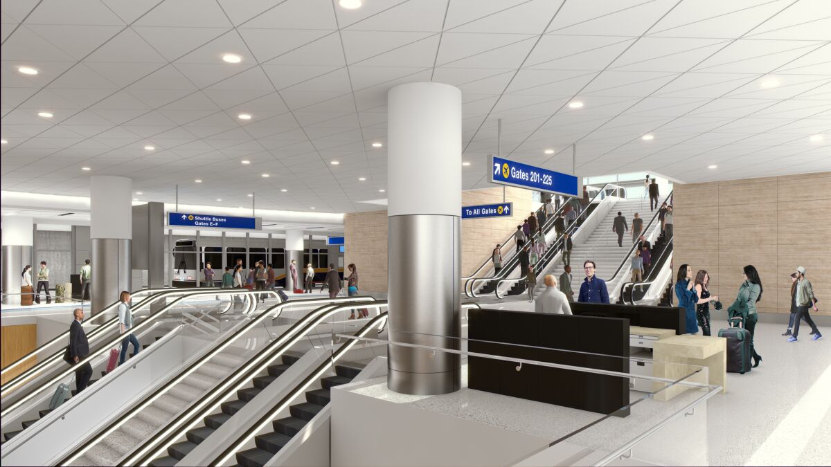 The new concourse at LAX, accessed by bus or on foot, adds 12 gates. (rendering)