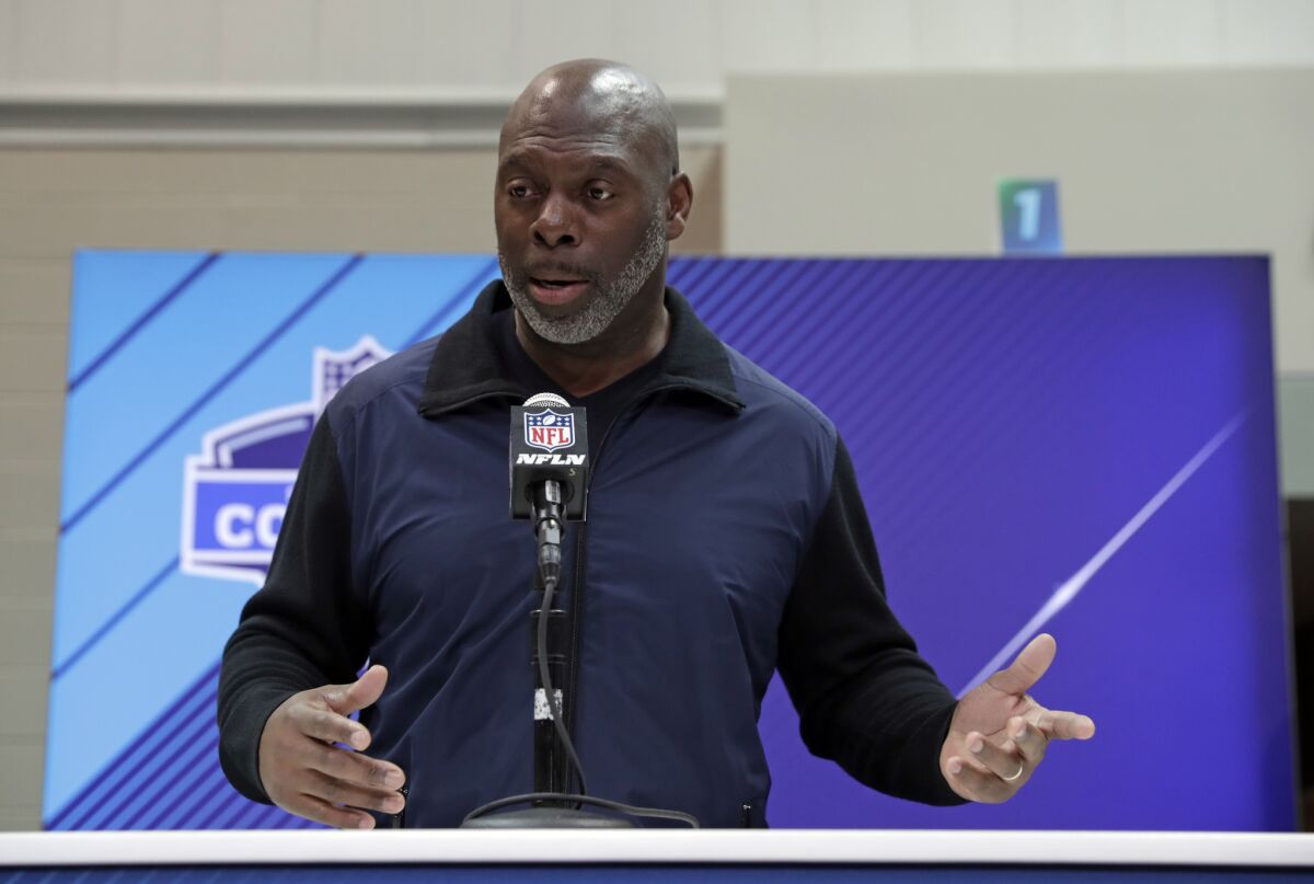 Chargers coach Anthony Lynn speaks during a news conference at the NFL scouting combine on March 1, 2020.