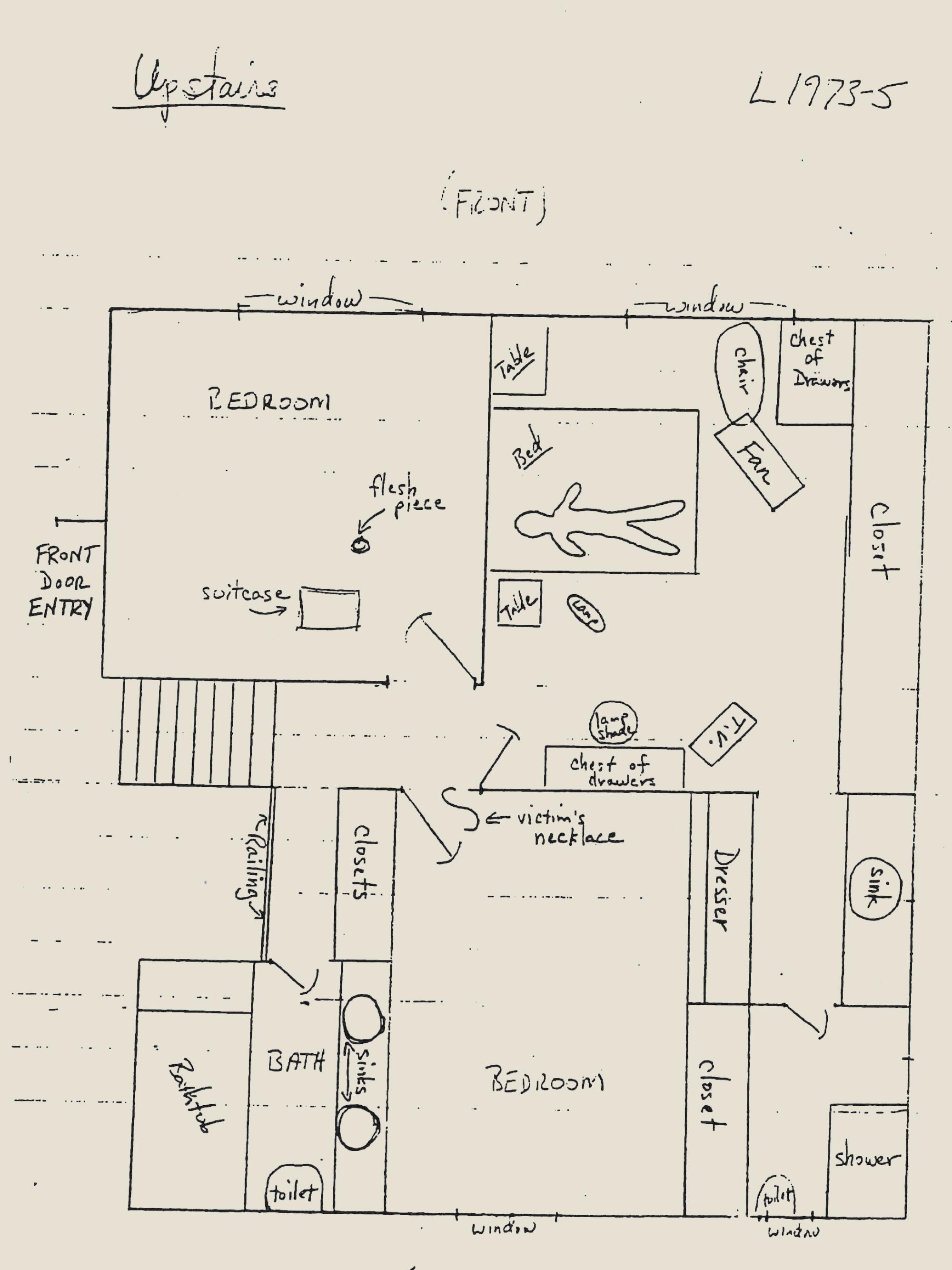 Hand-drawn sketch of a floorplan showing rooms of a house where a murder occurred.