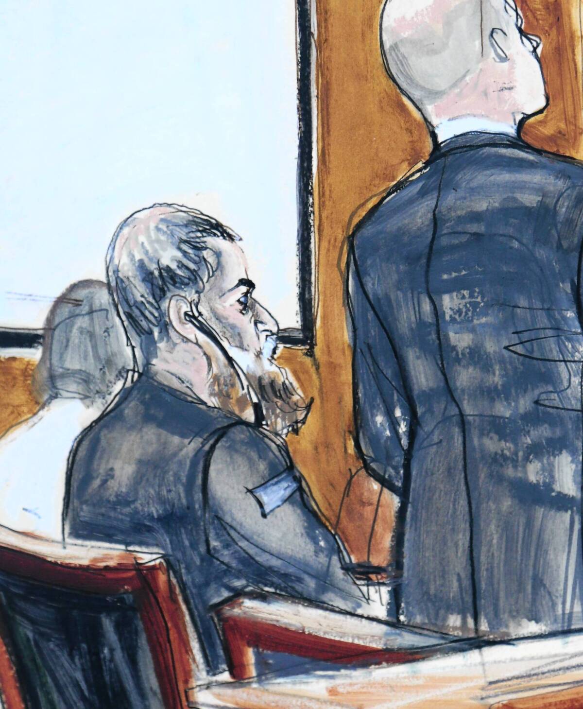 A courtroom artist's sketch shows Nazih Abdul-Hamed Ruqai, seated, with attorney David Patton in federal court in New York. The charges against Ruqai include conspiracy to kill U.S. citizens and conspiracy to destroy U.S. property.