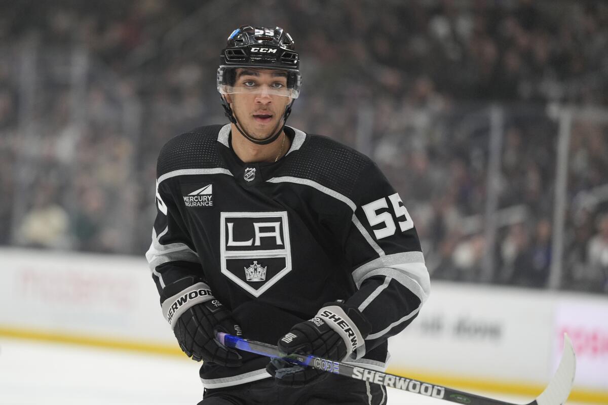 Quinton Byfield of the Kings skates during a game against the Tampa Bay Lightning on March 3.