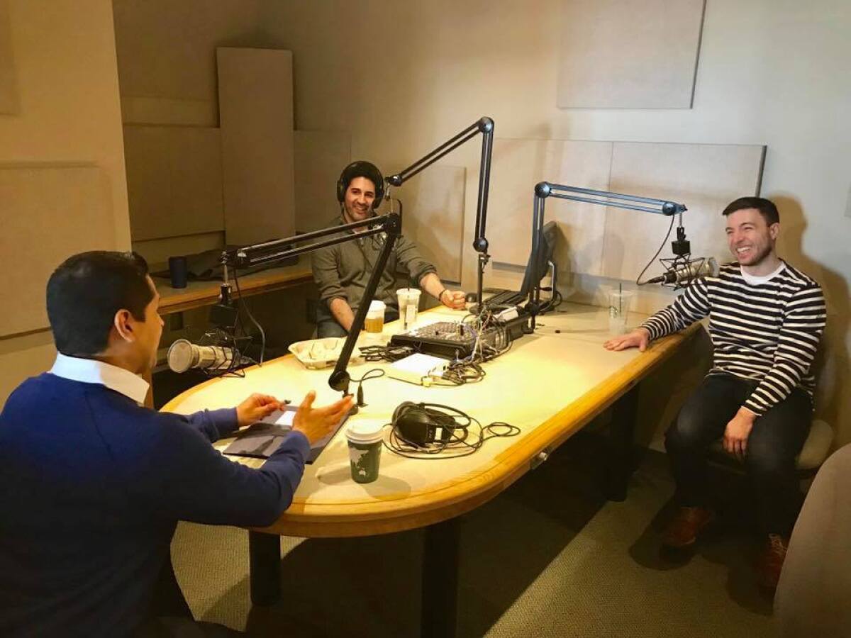 Liam Dillon, right, and co-host Matt Levin, left, interview California Assemblyman Miguel Santiago, who represents downtown L.A. and surrounding neighborhoods.