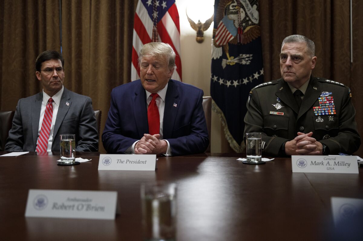 President Donald Trump, joined by Defense Secretary Mark Esper Gen. Mark Milley.