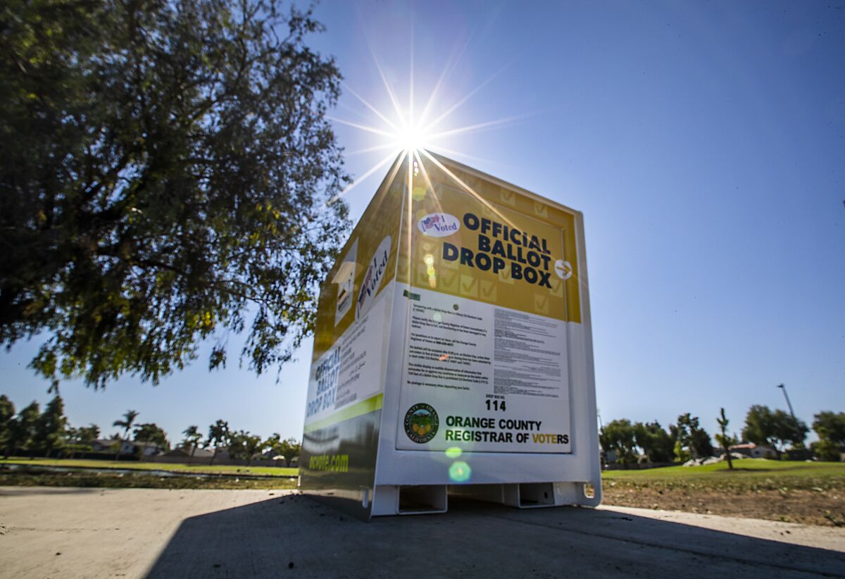 A view of an official Orange County Registrar of Voters ballot Drop Box for the 2020 Presidential General Election.