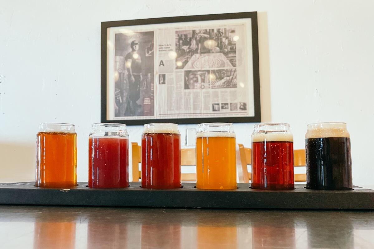 A flight of six tasters in a wooden serving tray, with a framed newspaper story on the wall behind.