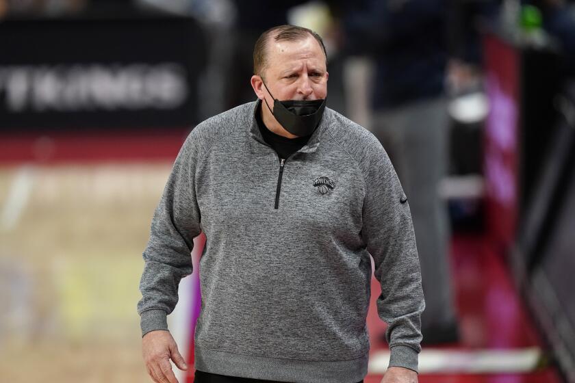 New York Knicks head coach Tom Thibodeau walks the sideline during the second half of an NBA basketball game against the Detroit Pistons, Sunday, Feb. 28, 2021, in Detroit. (AP Photo/Carlos Osorio)