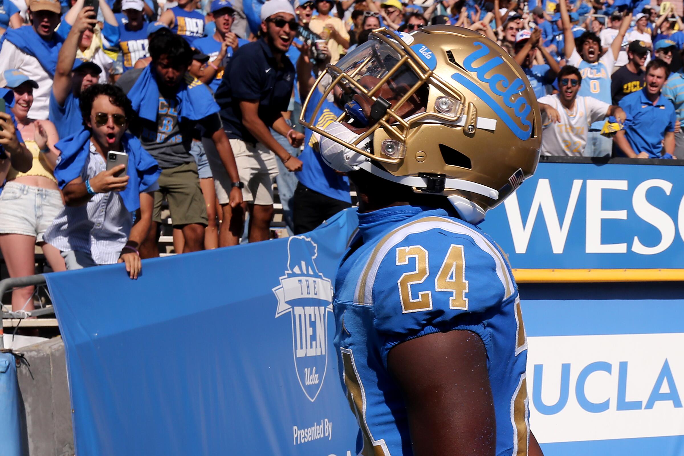 UCLA cornerback Jaylin Davies looks up at the crowd.