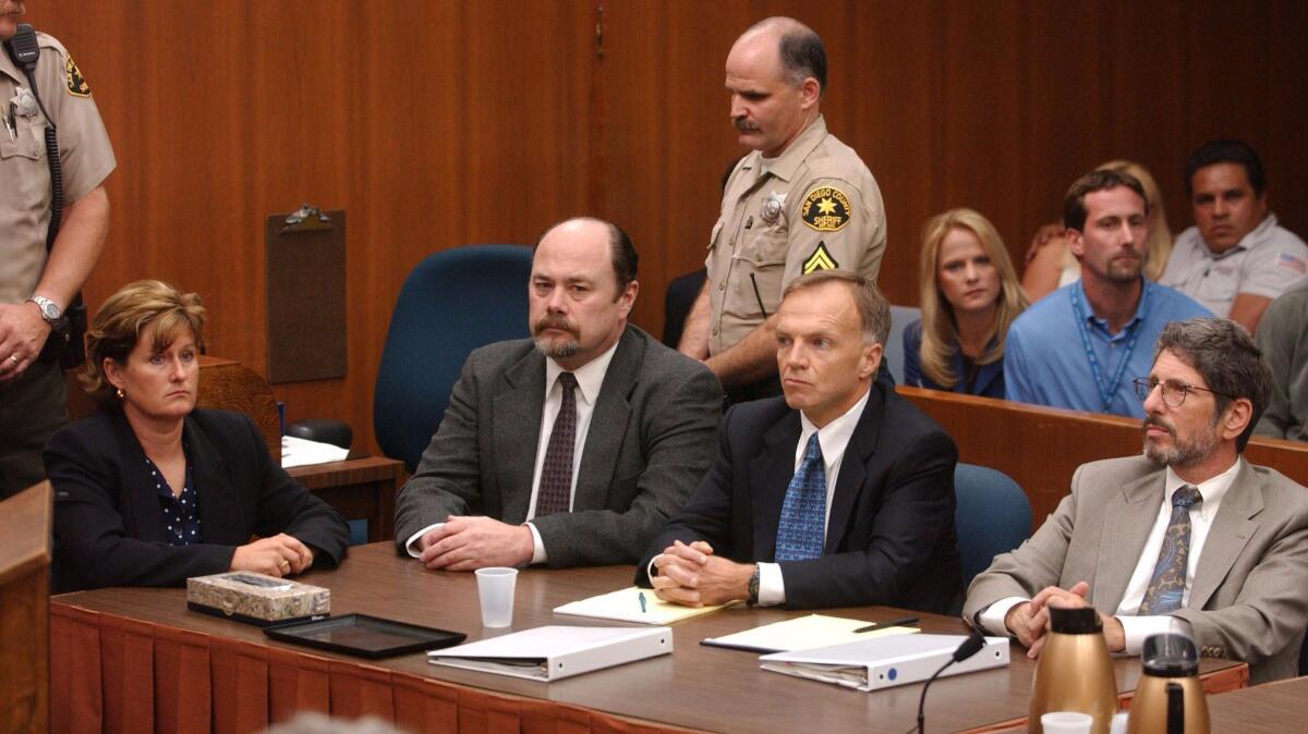 David Westerfield, second from left, sits with his legal team in court on Aug. 21, 2002.