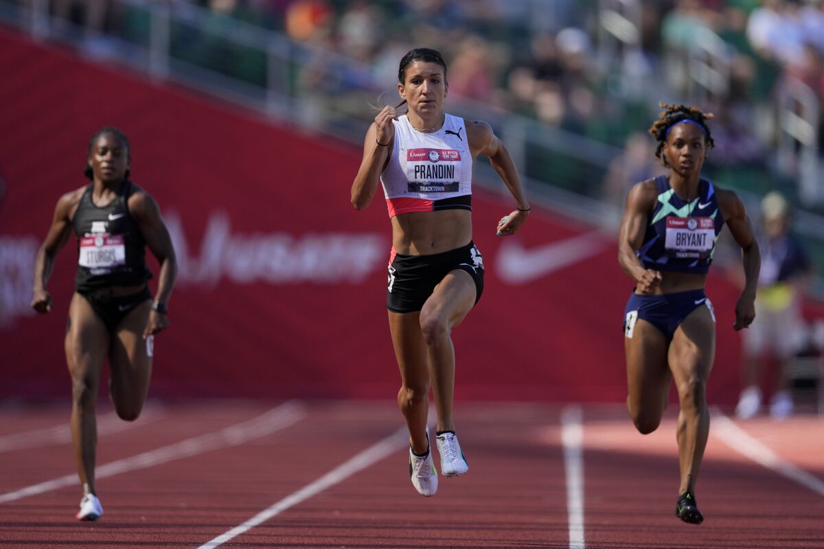 Jenna Prandini runs during track and field trials for the Tokyo Olympics.