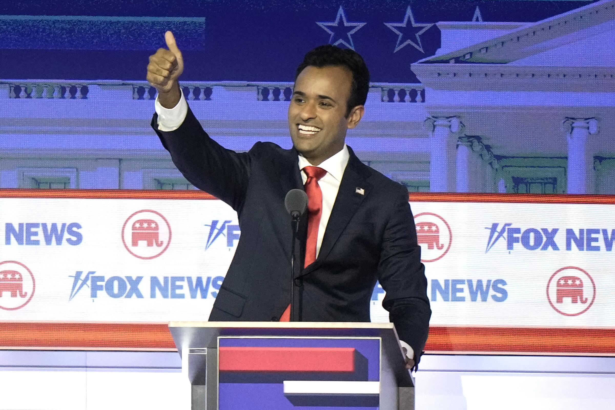 Businessman Vivek Ramaswamy reacts after a Republican presidential primary debate hosted by FOX News Channel Wednesday.