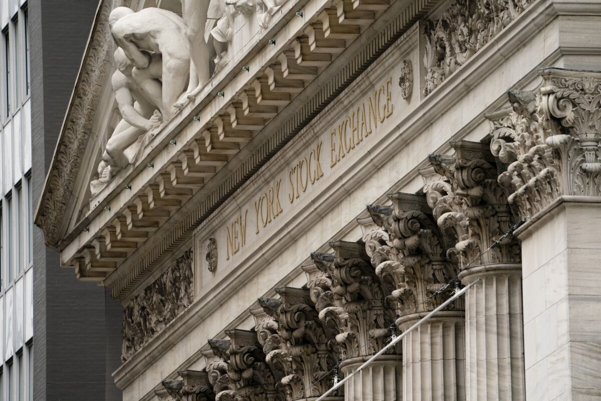 A detail view of the pediment above the entrance of the New York Stock Exchange.
