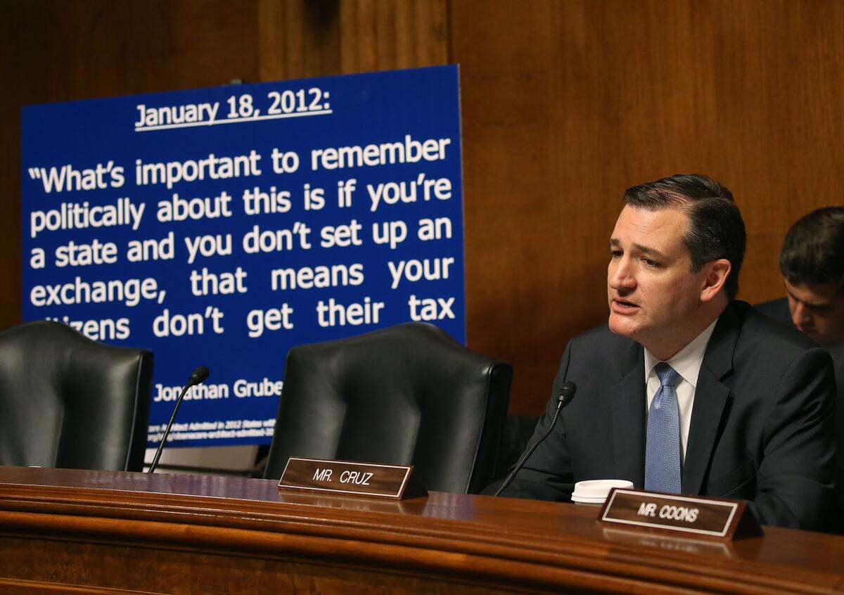 Sen. Ted Cruz of Texas speaks during a Senate Judiciary Subcommittee meeting called "Rewriting the Law, Examining the Process That Led to the Obamacare Subsidy Rule."