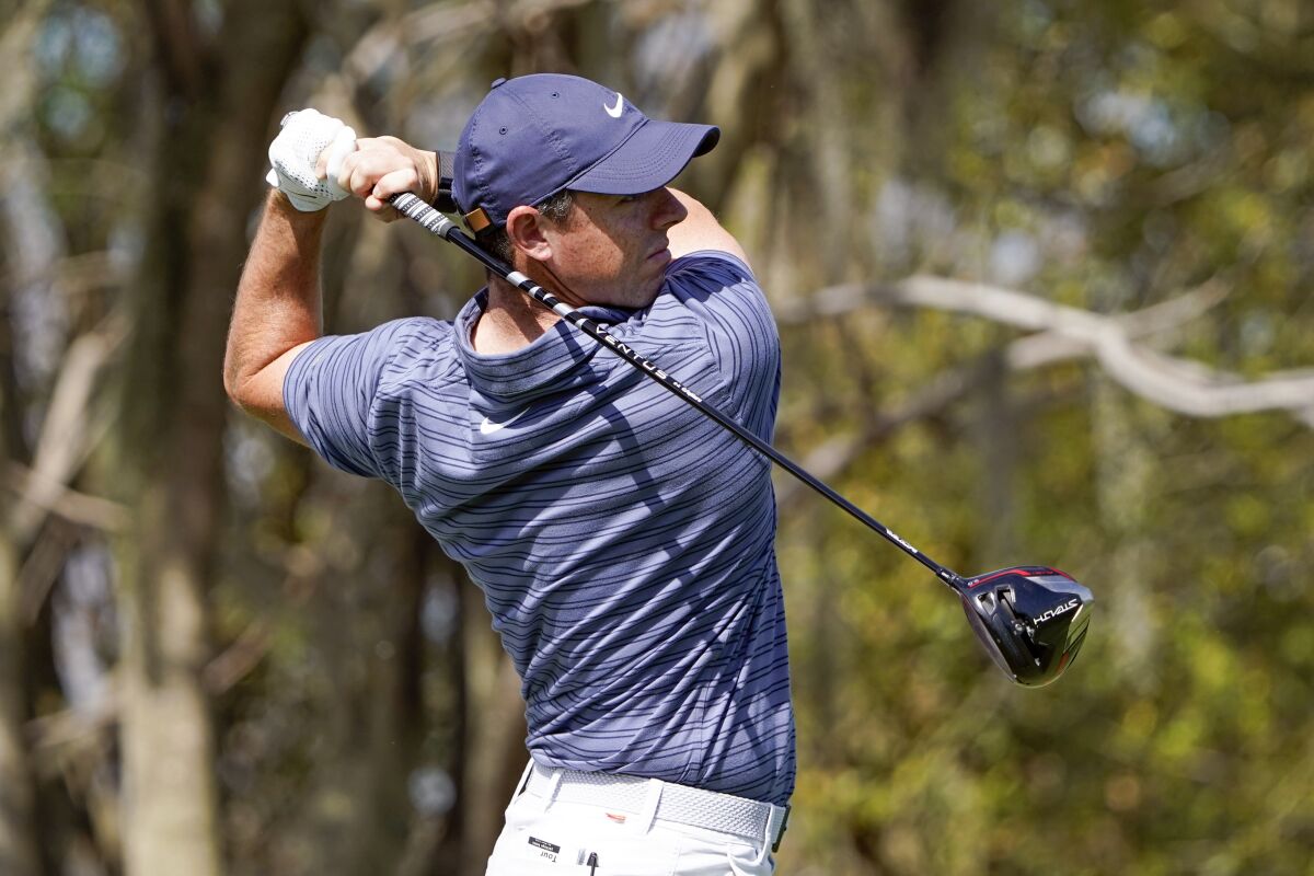 Rory McIlroy hits from the third tee box during the first round of the Arnold Palmer Invitational golf tournament Thursday, March 3, 2022, in Orlando, Fla. (AP Photo/John Raoux)