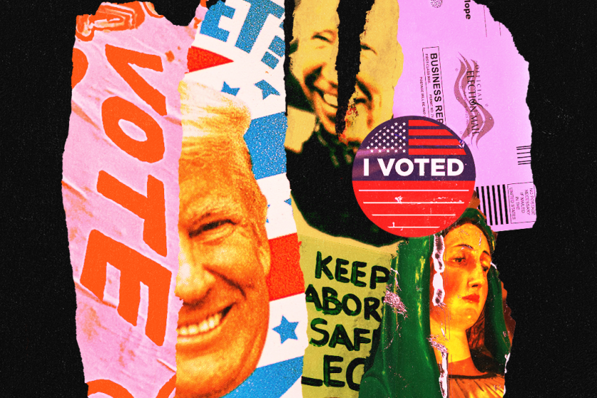 Collage of photos of Trump, I voted stickers, ballots