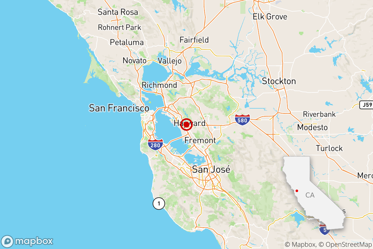 Map showing quake centered in Hayward, California, east of San Francisco