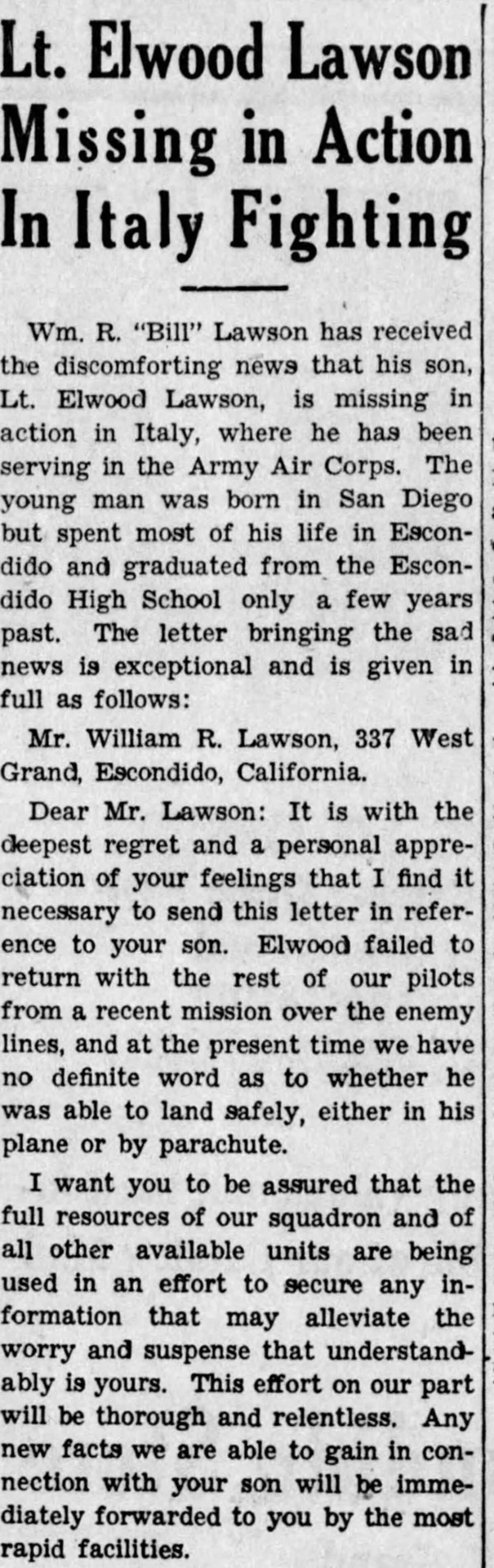 An article published Jan. 15, 1945, in the Times-Advocate newspaper in Escondido about Elwood Lawson's plane going missing.