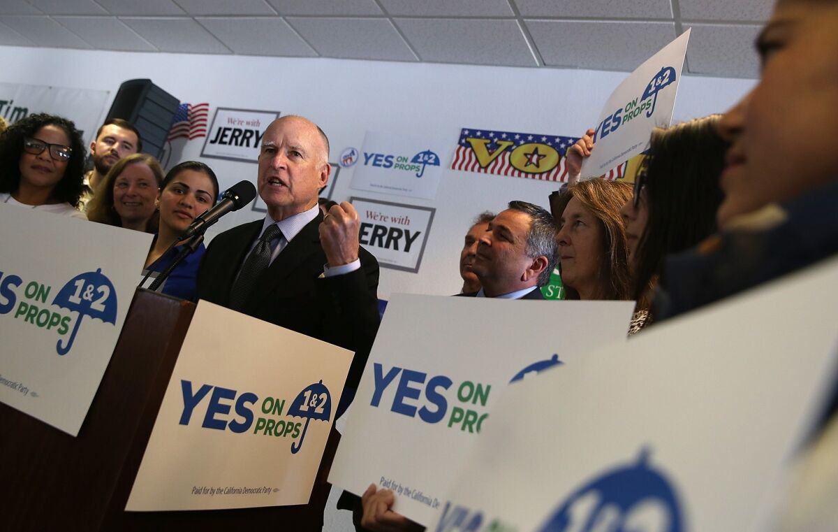Gov. Jerry Brown speaks at a get-out-the-vote rally Monday in Pleasanton, Calif.