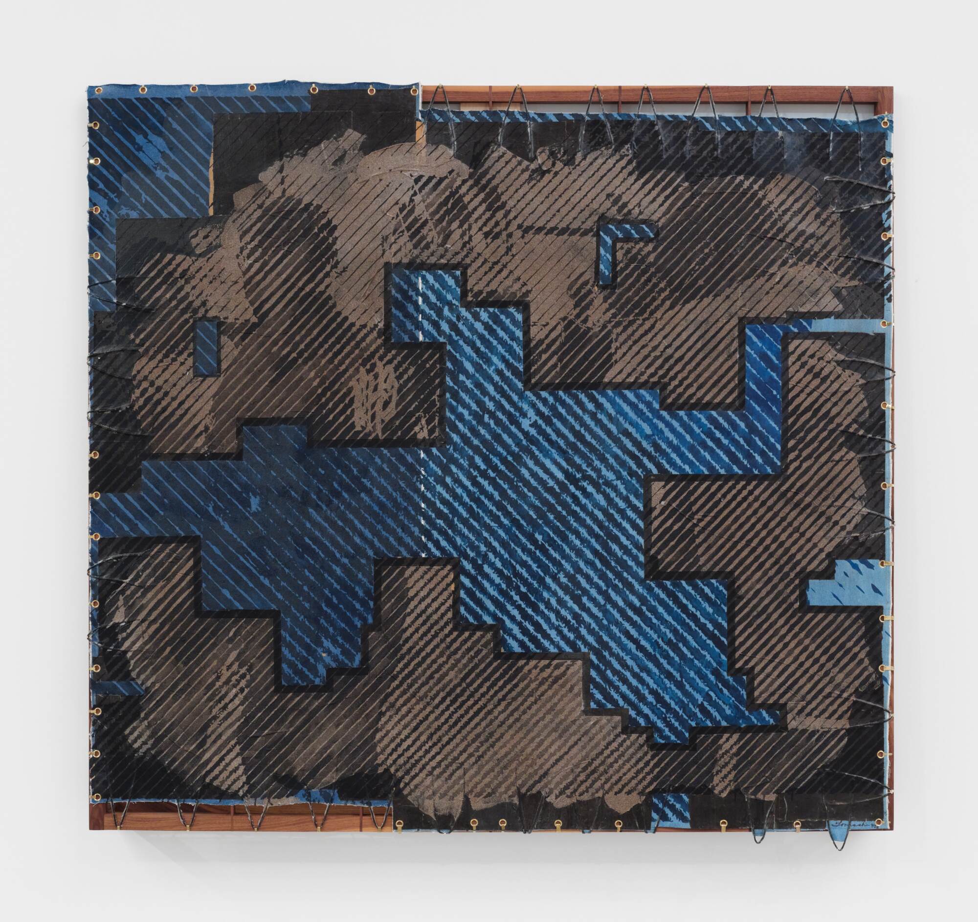 A black and blue abstract painting with an irregular blue shape and the suggestion of a person in the background