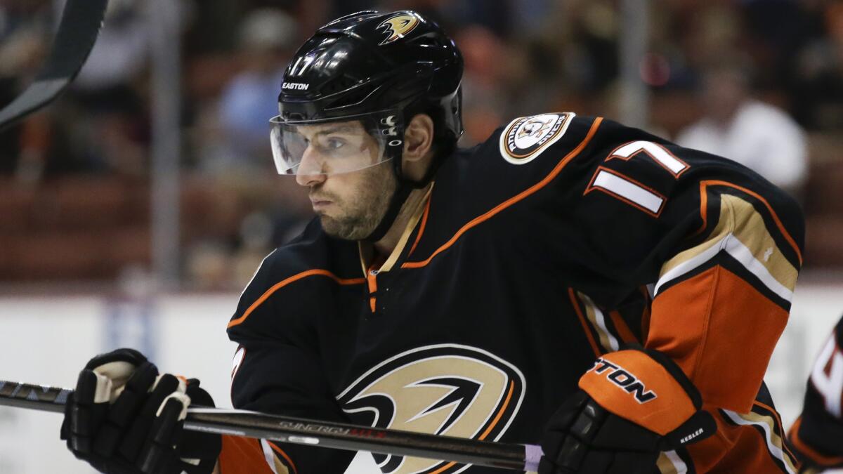 Ducks center Ryan Kesler chases after the puck during a win over the Buffalo Sabres on Oct. 22.