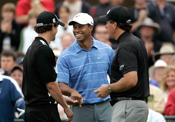 The big three on the first tee on the first day of the U.S .Open at Torrey Pines Golf Course in San Diego are, from left , Adam Scott, Tiger Woods and and Phil Mickelson.