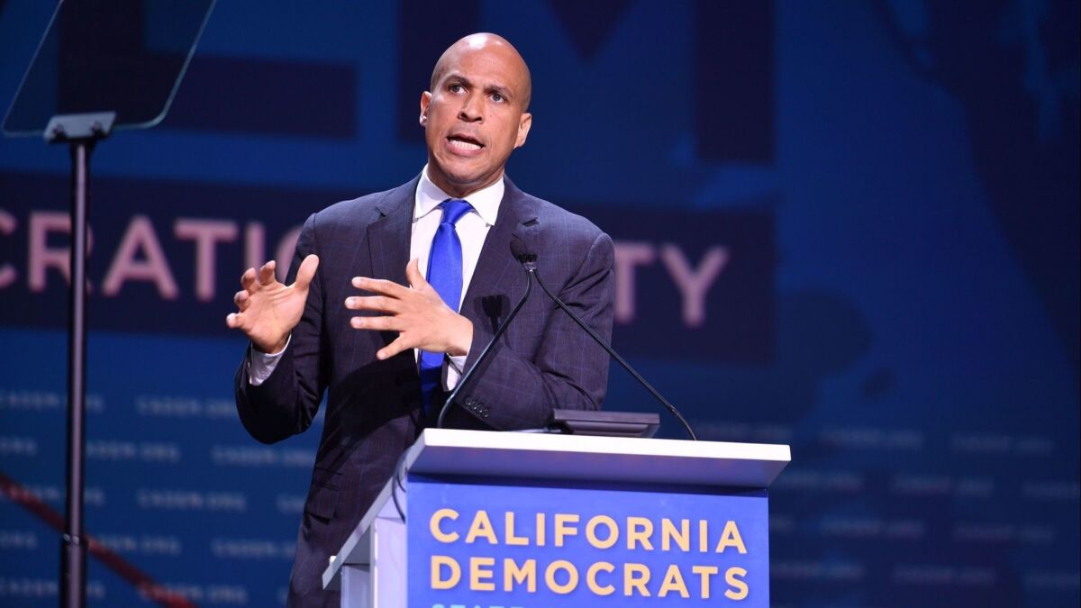 Democratic presidential candidate Cory Booker speaking during the 2019 California Democratic Party convention in San Francisco.