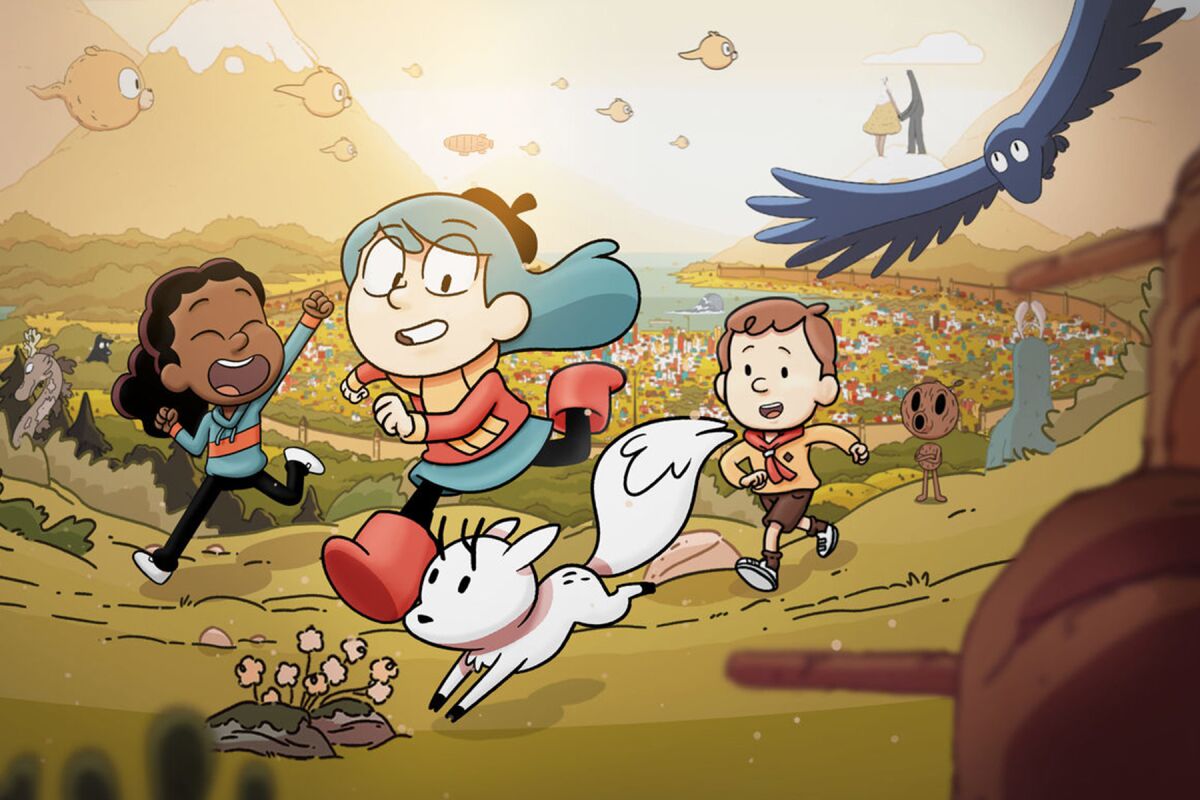 Three animated children run alongside a pet.
