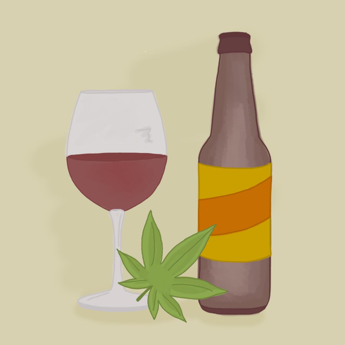 Illustration of a glass of wine, a bottle of beer and a weed leaf.