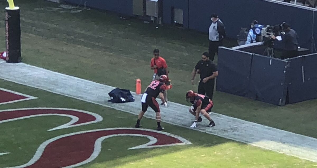San Diego State's Connor McBride (left) and Gus McGee were the only tight ends on the field for warmups.