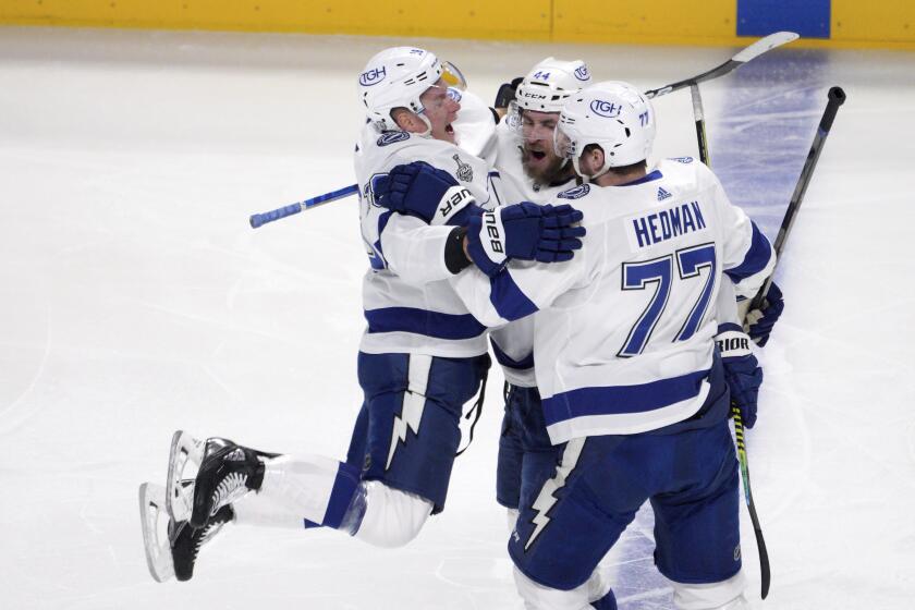 Tampa Bay Lightning's Jan Rutta (44) celebrates his goal against the Montreal Canadiens.