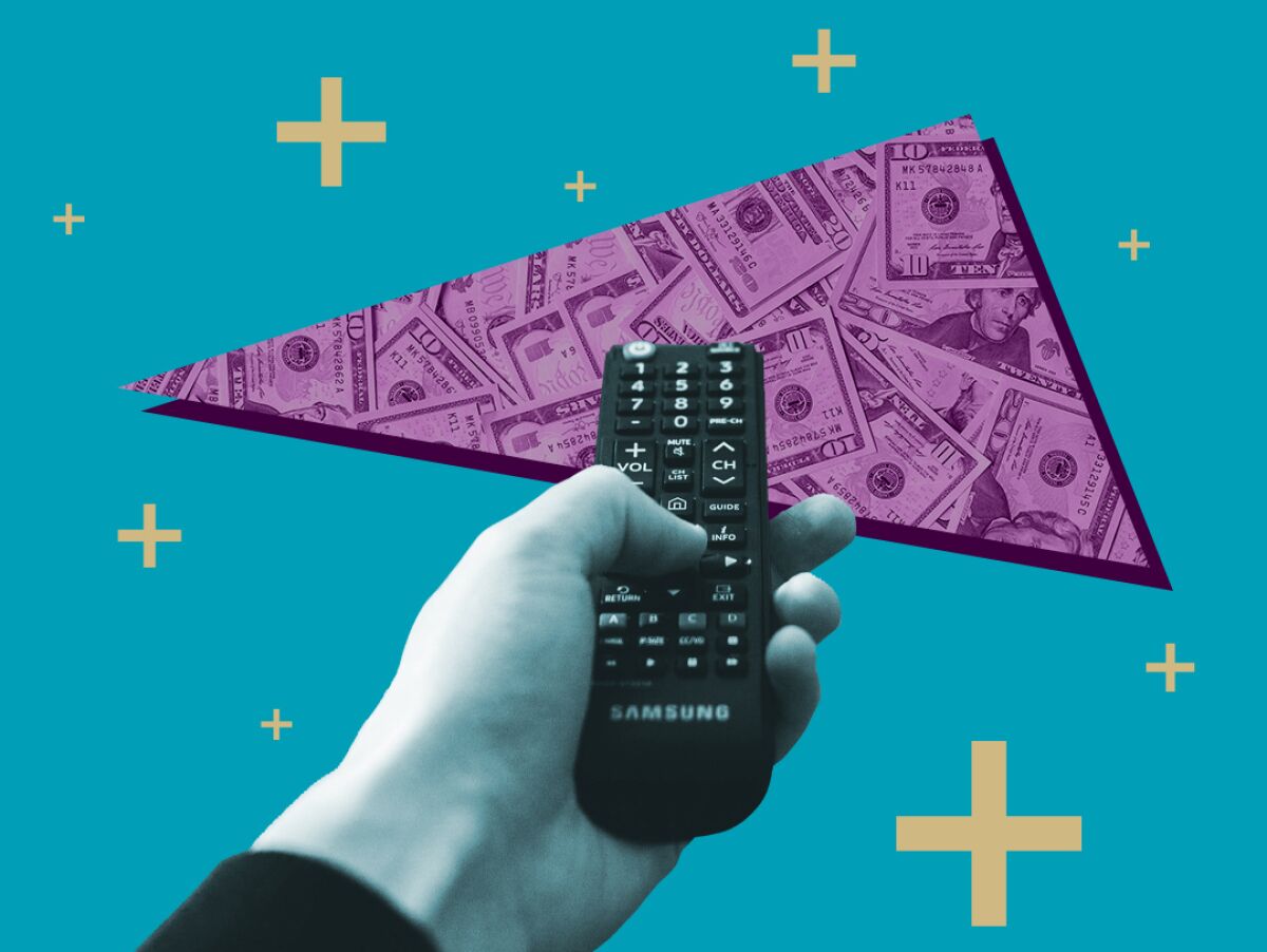 Illustration of a hand pointing a remote at an image of cash and plus signs.