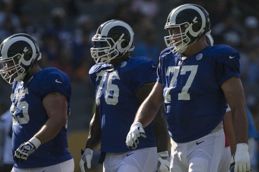 CARSON, CA, SATURDAY, AUGUST 5, 2017 - Andrew Whitworth, 77, leads the Rams offensive line during a joint practice with the Chargers at StubHub Center. (Robert Gauthier/Los Angeles Times)